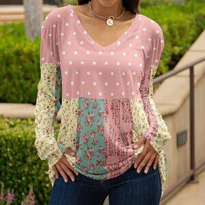 lily - Rose & Blue Patchwork Dot Long-Sleeve V-Neck Tunic-XL/16W